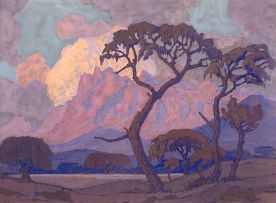 Jacob Hendrik Pierneef; Thorn Trees in Mountain Landscape at Dusk