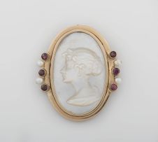 Victorian mother-of-pearl, garnet, pearl and gold brooch