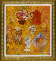 Carola Brotherton; Still Life with Tea Set and Flowers