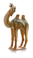A sancai-glazed pottery figure of a Bactrian camel, Tang Dynasty, 618-907