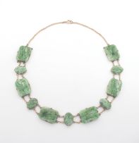 Chinese carved green jade and gold necklace, mid 20th century