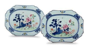 A near pair of Chinese blue and white ‘famille-rose’ dishes, Qing Dynasty, 18th century