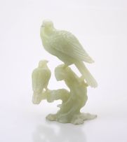 A Chinese jade carving of perching birds on a branch, 20th century