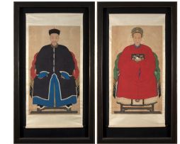 A pair of Chinese ancestral portraits, Qing Dynasty, late 19th century