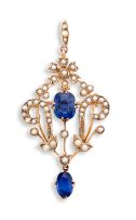 Edwardian blue sapphire and seed-pearl pendant/brooch