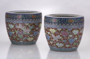A pair of Japanese polychrome enamel jardinières, 20th century