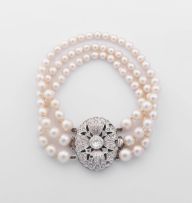 Three-strand pearl and silver paste bracelet