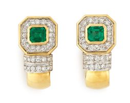 Pair of emerald and diamond half-hoop earrings