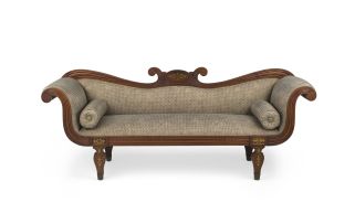 A Colonial teak, brass inlaid and upholstered settee, 19th century