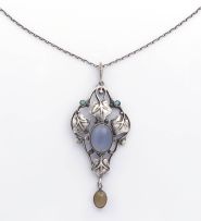 An Art Nouveau turquoise, chalcedony and moonstone pendant necklace