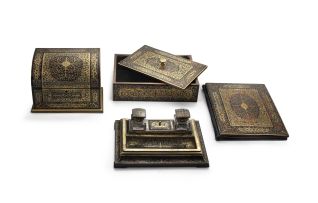 An Edwardian brass, rosewood and red tortoiseshell Boulle-style marquetry five-piece desk set, retailed by J.C. Vickery, Regent Street, London