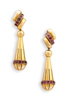 Pair of ruby and gold pendant earrings, 1940s