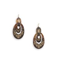Pair of late Victorian and gold inlaid tortoiseshell pendant earrings