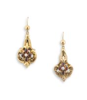 Pair of garnet, pearl and gold pendant earrings