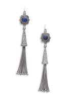 Pair of silver and blue stone pendant earrings