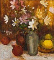 M Holtzhausen; Still Life with Cosmos and Fruit