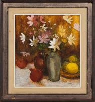 M Holtzhausen; Still Life with Cosmos and Fruit
