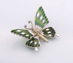 Plique-à-jour enamel and diamond butterfly brooch