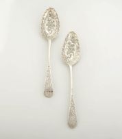 Two silver berry spoons, Thomas Oliphant, London, 1795, James & Walter Marshall, Edinburgh, date letter worn