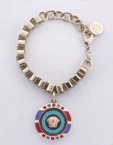 Versace brushed gold bracelet, with red, purple and turquoise enamel Medusa baroque medallion coin