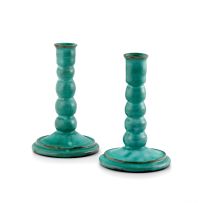 A pair of Linn Ware green-glazed candlesticks