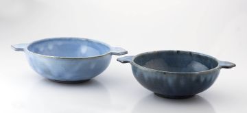 Two Linn Ware mottled blue-glazed consommé bowls