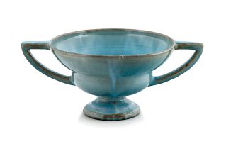 A Linn Ware two-handled mottled blue-glazed pedestal vase