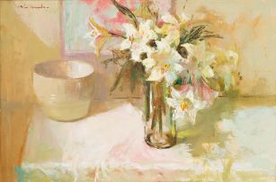 Mari Vermeulen-Breedt; Still Life with Bowl and Vase of Lilies