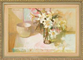 Mari Vermeulen-Breedt; Still Life with Bowl and Vase of Lilies