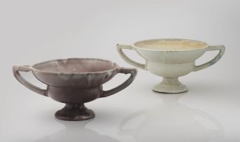 A Linn Ware mottled pink two-handled pedestal bowl