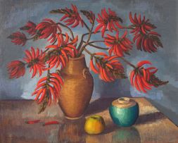 David Botha; Still Life with Coral Tree Branches in a Vase