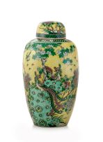 A large Chinese yellow-ground famille-verte jar and cover, Qing Dynasty, late 19th century