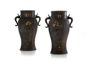 A pair of Japanese inlaid bronze baluster vases, Meiji period (1868-1912)