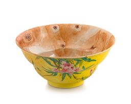 A Chinese yellow sgraffiato ground and faux-bois bowl, Qing Dynasty, 19th century