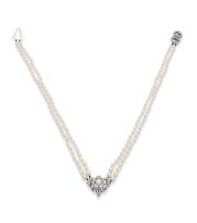 Double-strand pearl and diamond necklace