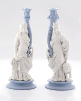 A pair of Wedgwood blue and white jasper ware candlesticks of Ceres and Cybele, Number 111, Limited Edition of 150 Pairs, modern