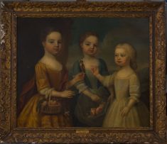 English Provincial School; A Portrait of Three Sisters, One Holding her Pet Bird