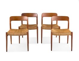 Four Niels Otto Møller teak and sea grass ‘No 75’ dining chairs, designed 1954, manufactured by JL Møllers Møbelfabrik, Denmark, 1960s