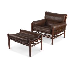 An Arne Norell Colombian rosewood and leather upholstered Kontiki chair and ottoman, Sweden, designed in 1968, manufactured by Scanform, Columbia, 1960s