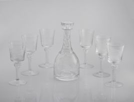 A decanter and six glasses commemorating the tercentenary of the Castle of Good Hope, 1679-1979, Orrefors