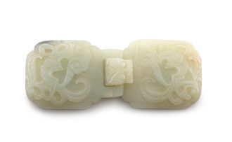 A Chinese celadon jade belt buckle, late Qing Dynasty
