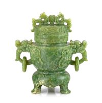 A Chinese spinach green jade censor and cover, 20th century