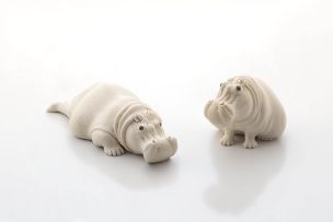 Two ivory figures of hippos, Patrick Mavros, Harare, 1980s
