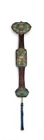 A large Chinese hardwood and cloisonné ruyi sceptre, Qing Dynasty, 19th century
