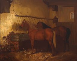Kingsley S. Chalon; A Chestnut and a Bay in a Stable