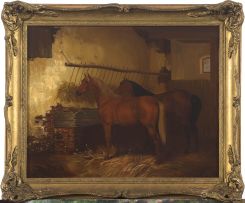 Kingsley S. Chalon; A Chestnut and a Bay in a Stable