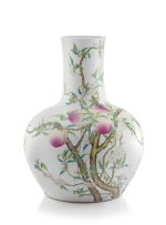 A large Chinese famille-rose ‘Nine Peaches’ bottle vase, Tianqiuping, Republic period