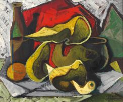 Zoltan Borbereki; Still Life with Bottle, Fruit and Vessels