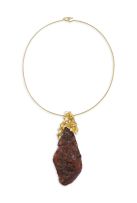 Amber gold-mounted pearl and diamond pendant