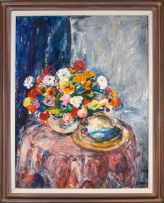 Gerhard Batha; Still Life with Flowers in a Vase and a Hat on a Table